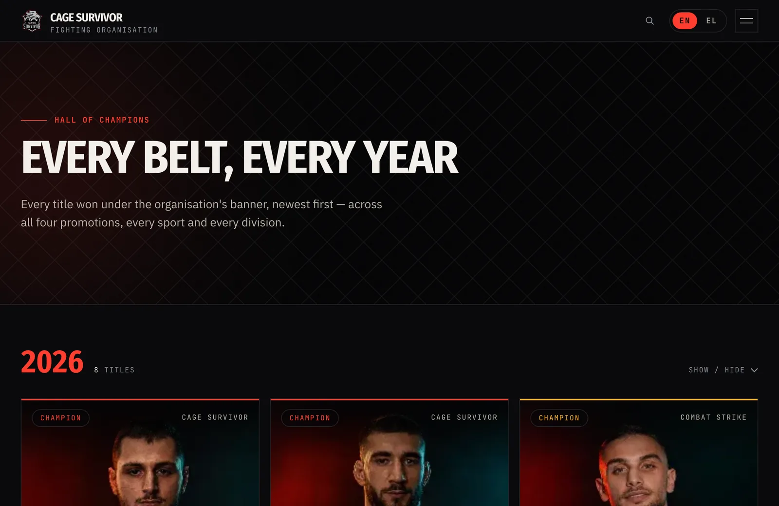 The Cage Survivor champions page, titled "Every belt, every year", listing title holders grouped by year with the brand each belt was won under.
