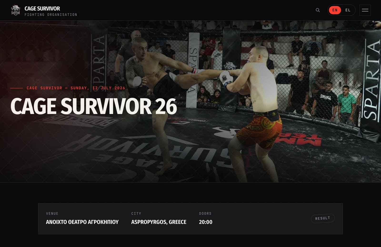 A Cage Survivor event page for Cage Survivor 26, with the date, venue in Aspropyrgos, doors time and a link to the result, over a photograph from the cage.