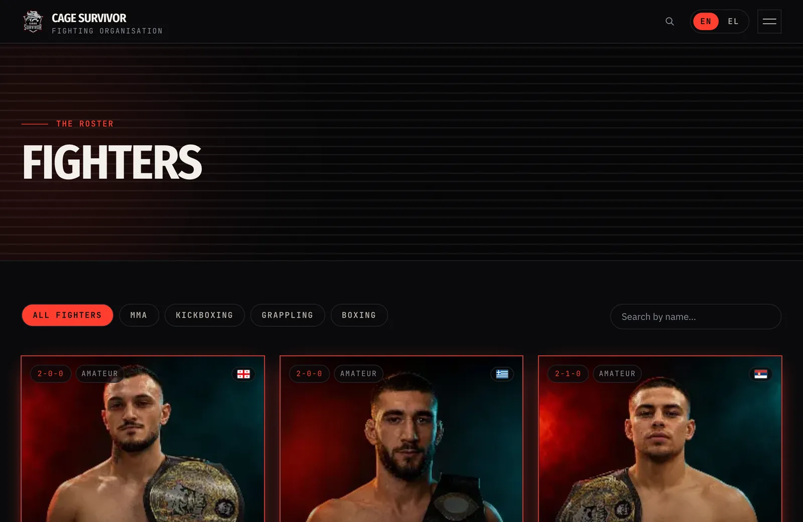 The Cage Survivor roster: a filterable grid of fighter cards, each showing the athlete's photograph, professional record and national flag, with filters for MMA, kickboxing, grappling and boxing.