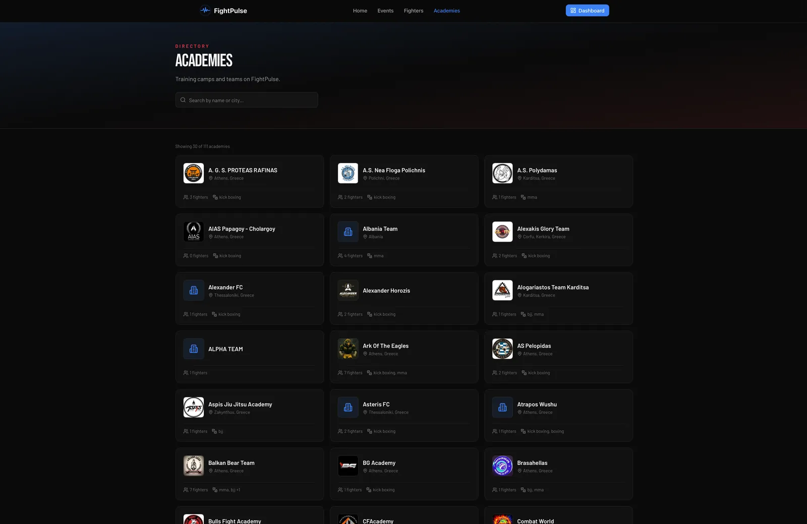 The public academies directory on Fight Pulse, listing training camps and teams with their crest, location and fighter and coach counts.