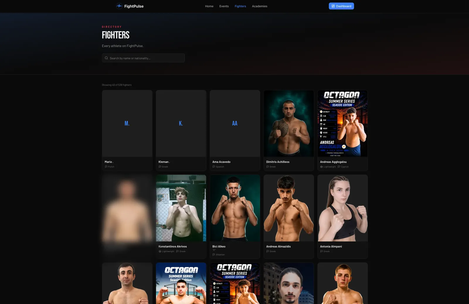 The public fighter directory on Fight Pulse, a searchable grid of athlete cards showing photograph, name, weight class and nationality.