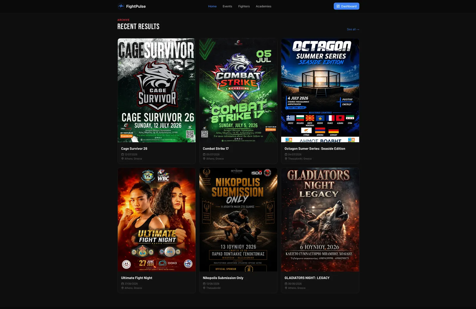 A grid of past event posters on Fight Pulse — Cage Survivor, Combat Strike, Octagon Summer Series and others — each with its date and location.