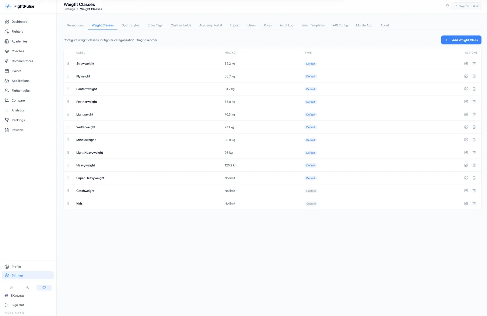 The weight-class settings screen, listing configurable divisions from strawweight upward with their maximum weight, each reorderable by dragging.
