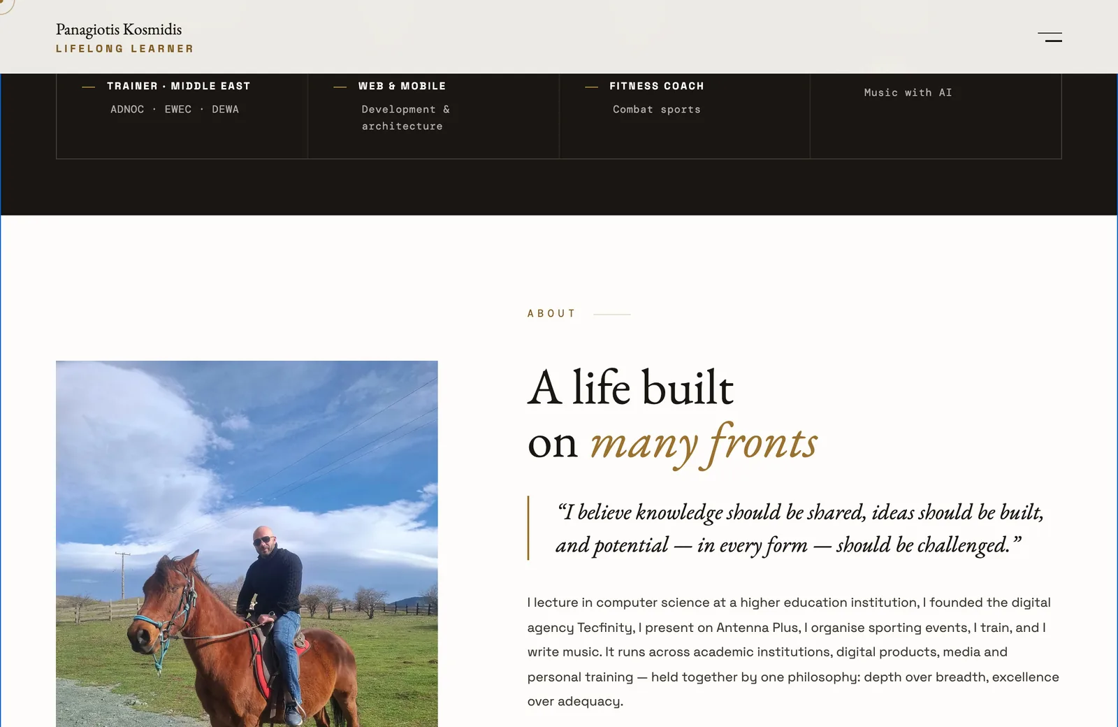 The about section of kosmidis.me, headed "A life built on many fronts", with a pull quote in gold italics beside a photograph.