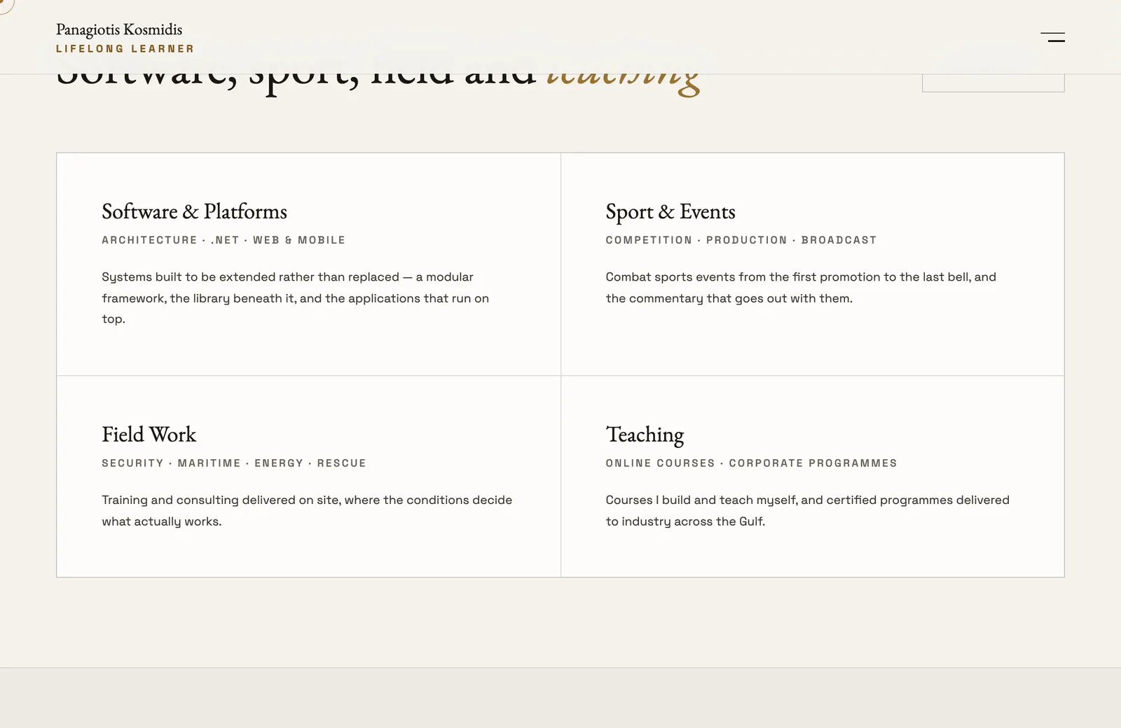 The areas-of-work section of kosmidis.me: four cards covering software and platforms, sport and events, field work, and teaching, each with a line of keywords.