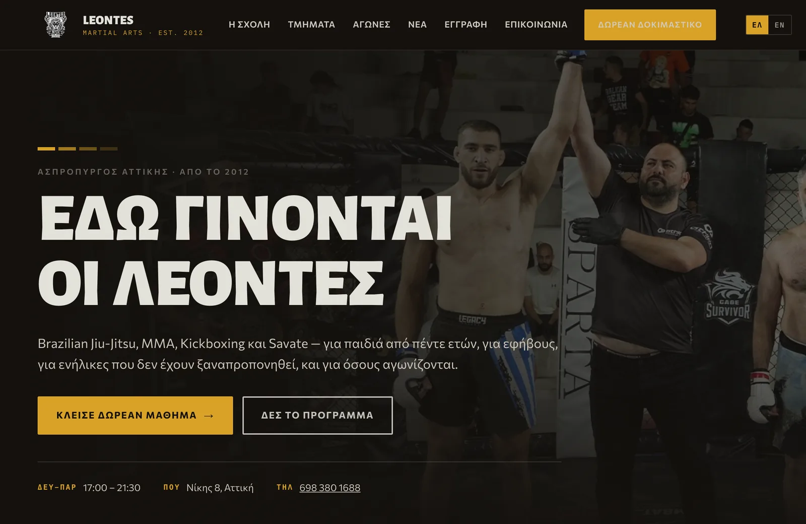 The Leontes Martial Arts home page in Greek: a black and gold hero over a photograph of a fighter's hand being raised, with the disciplines listed and the address, opening hours and phone number along the bottom.