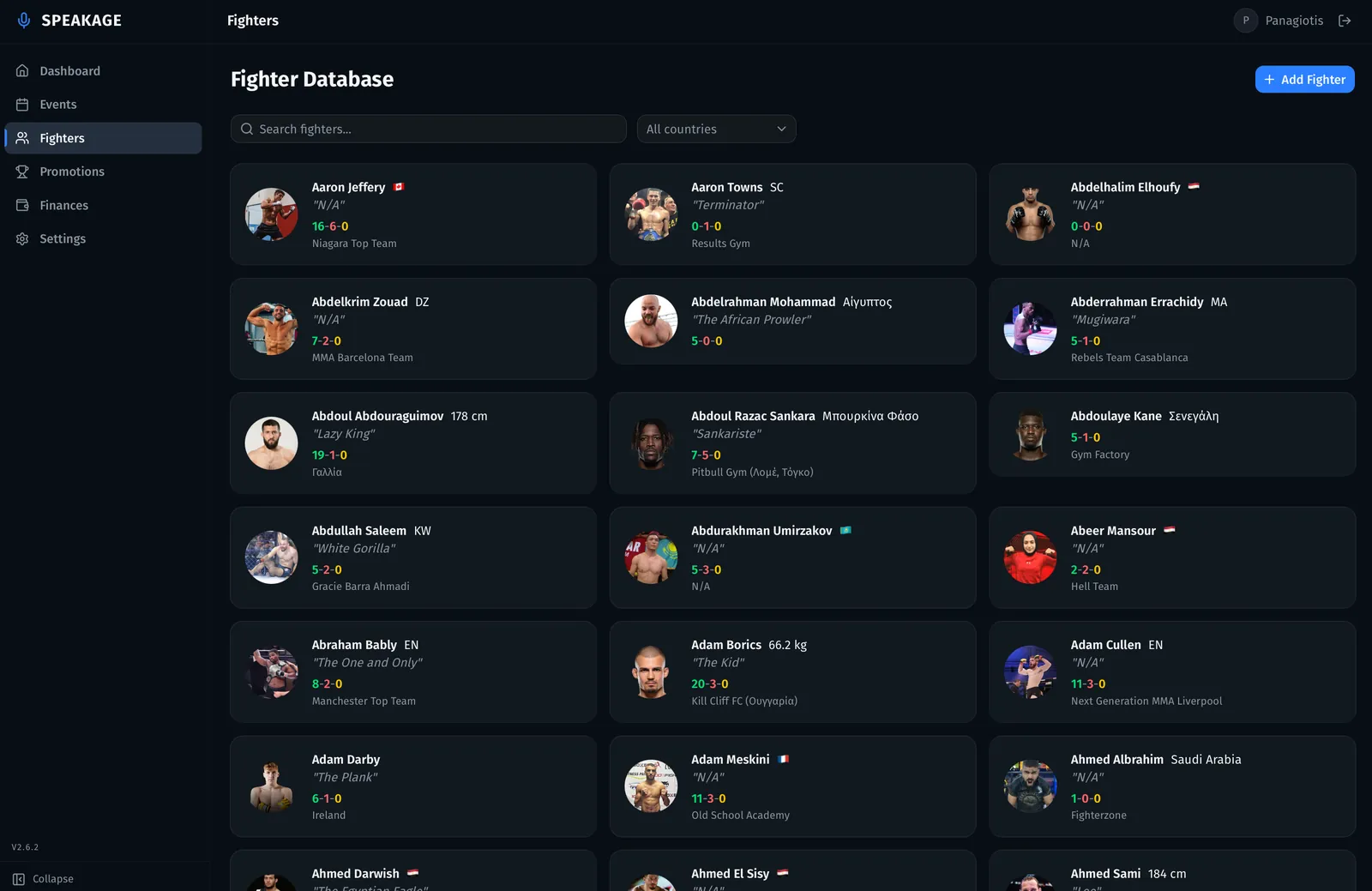 The Speakage fighter database, a searchable grid of athlete cards with nickname, record, nationality and team.