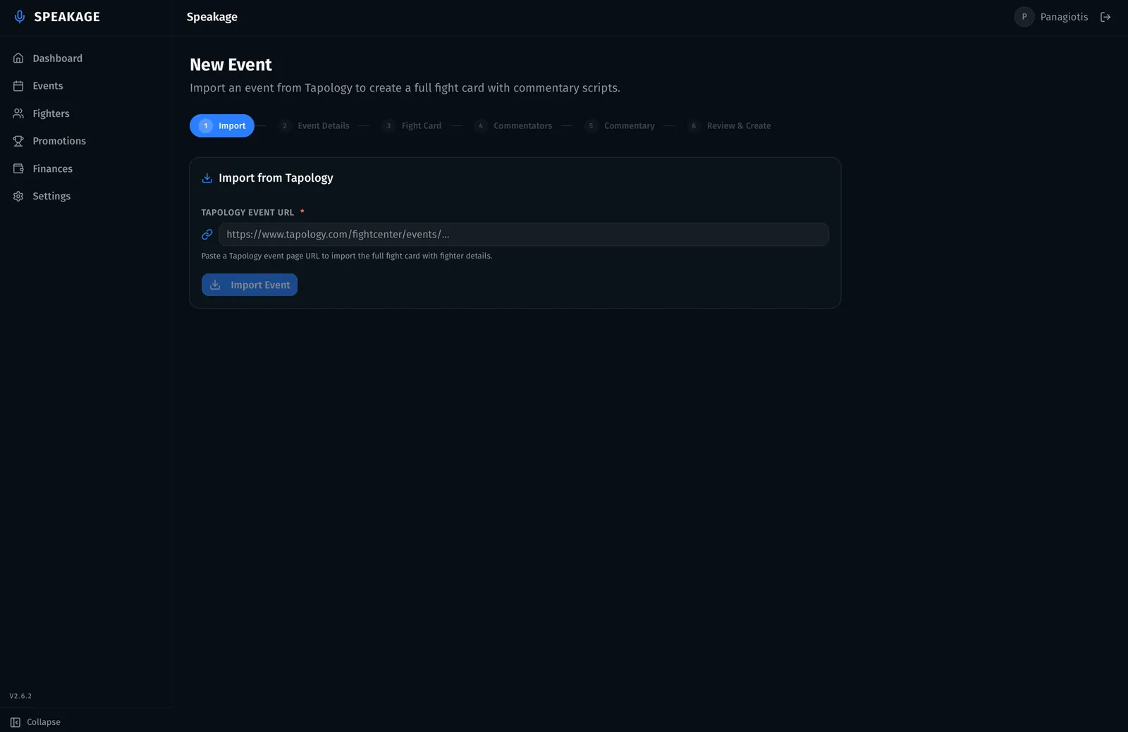 The Speakage new-event screen, importing a full fight card from a Tapology event URL to generate commentary scripts.