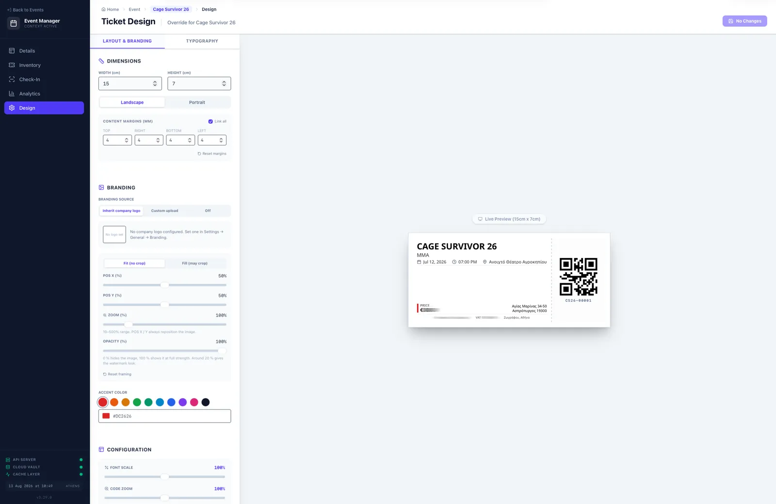 The Ticket Core ticket designer, with dimension and branding controls on the left and a live preview of the printed ticket and its QR code on the right.