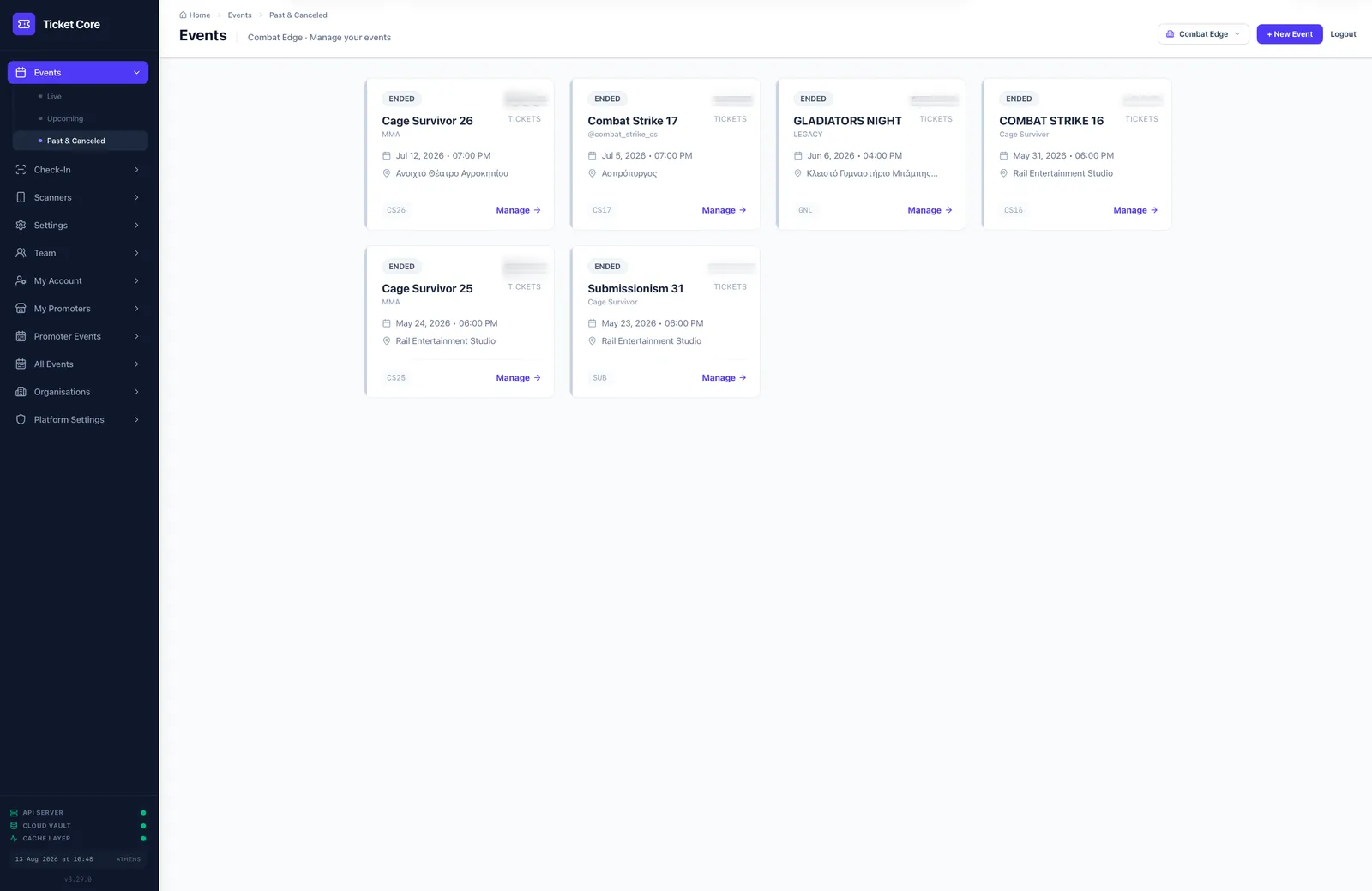 The Ticket Core events overview, showing past and cancelled shows as cards with their ticket counts and a manage action.