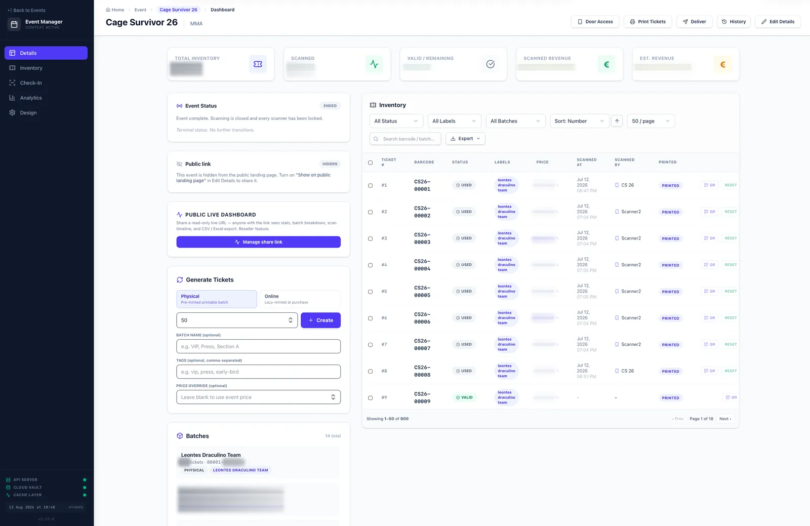 The Ticket Core event manager for a live show: inventory totals, scan counts, and a ticket table listing barcode, status, batch, scan time and scanning device.
